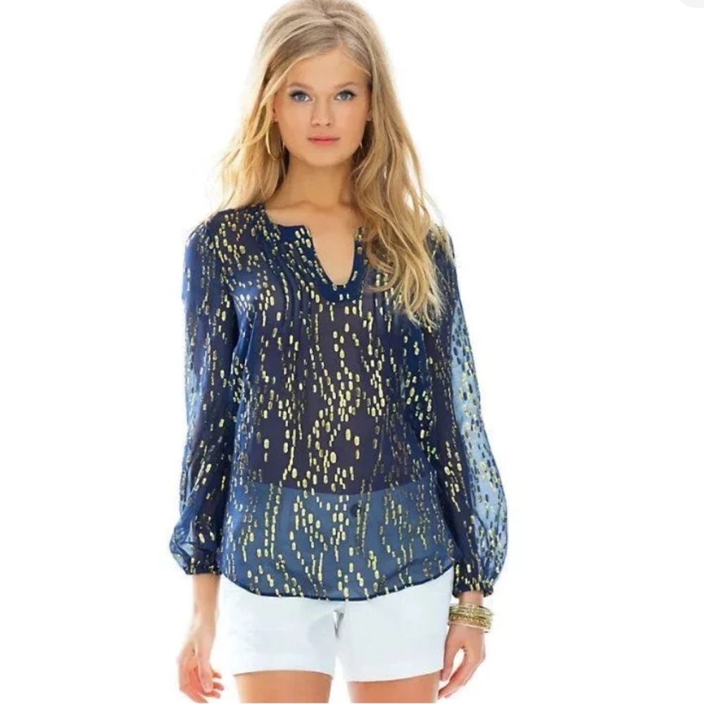 Lilly Pulitzer Sheer Silk Colby Blouse - Navy blue metallic